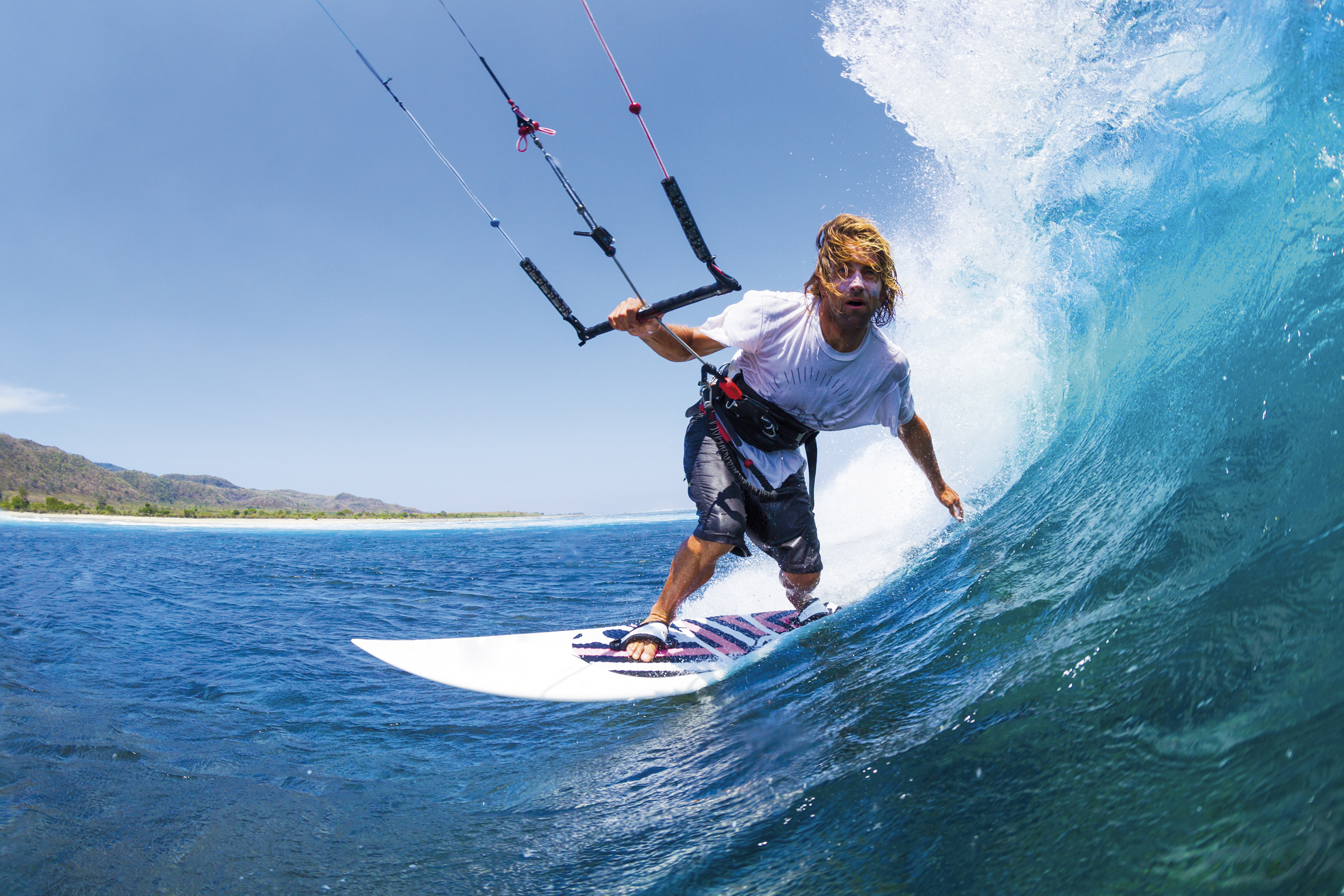 Extreme Sport, Kite Surfer Riding Wave getting Barreled